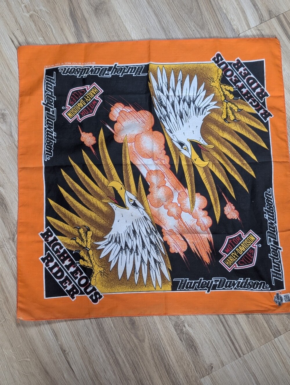 Vintage Harley Davidson Bandana Righteous Rider Handkerchief Eagle Biker Orange